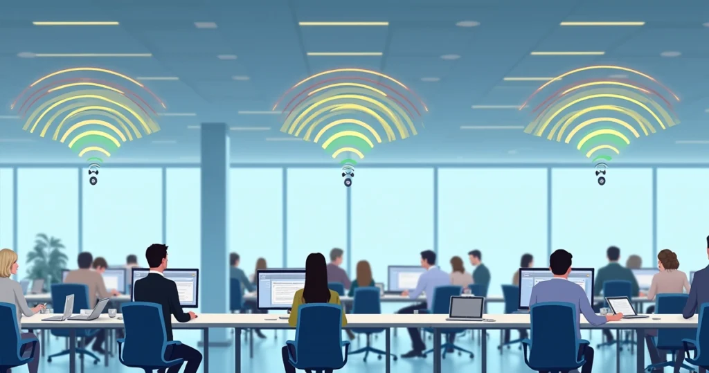 Illustration of a wireless network with multiple access points and devices in a crowded office environment