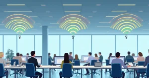 Illustration of a wireless network with multiple access points and devices in a crowded office environment