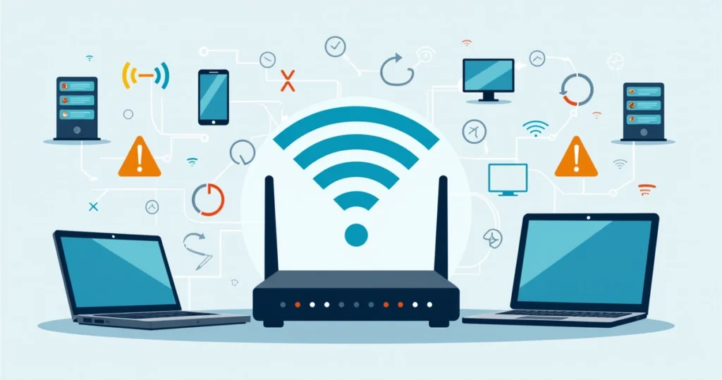 Corporate flat illustration of a Wi-Fi router surrounded by warning icons and network devices showing connectivity problems