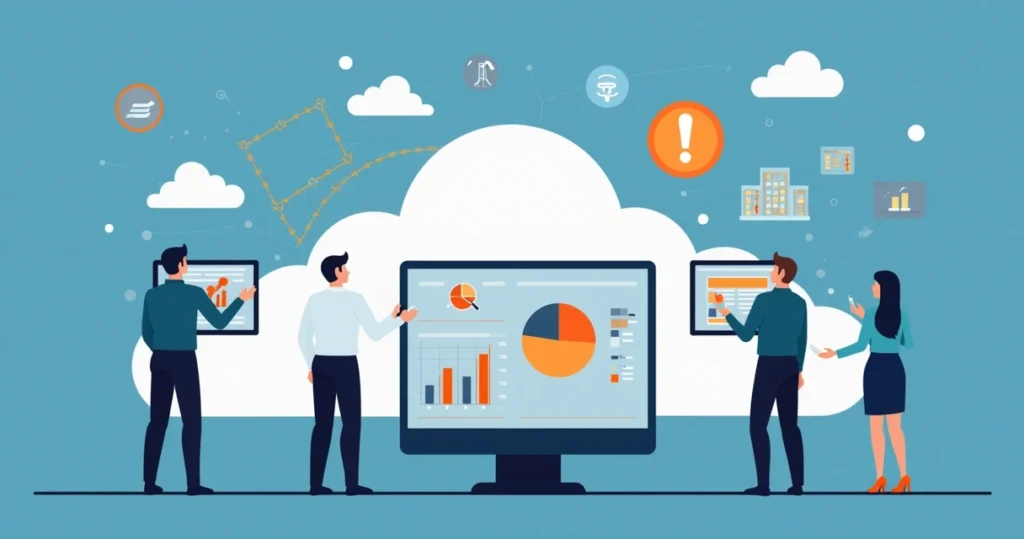 Corporate flat illustration of a cloud with alert symbols and network icons surrounded by businesspeople analyzing data on screens