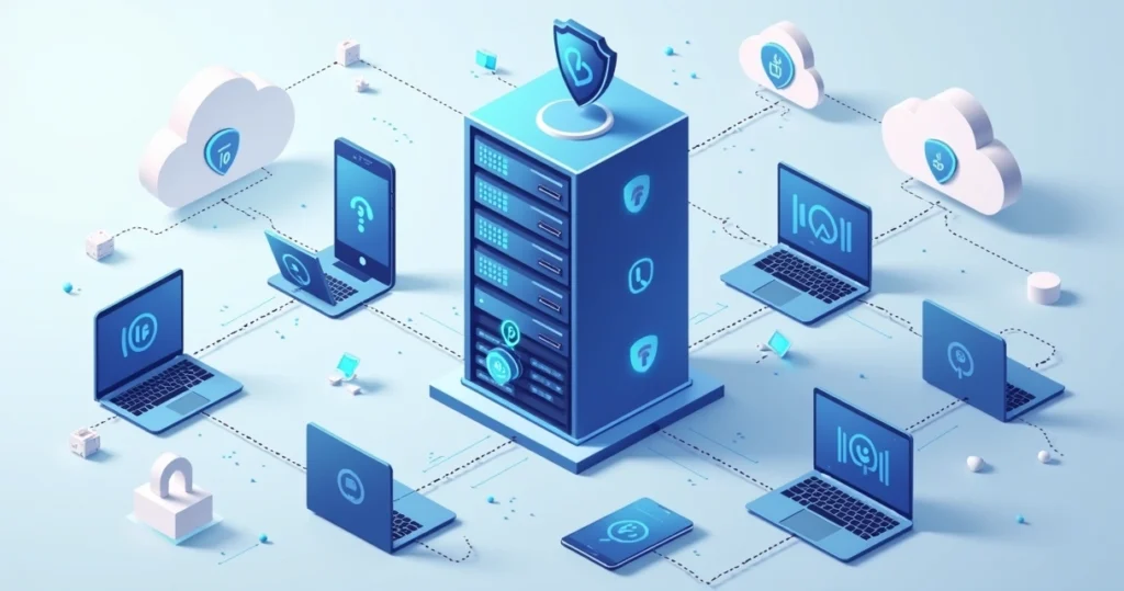 Illustration of corporate network security with proxy server and connected devices