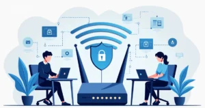 Flat illustration of professionals testing vulnerabilities on a corporate wireless network with laptops and digital security icons