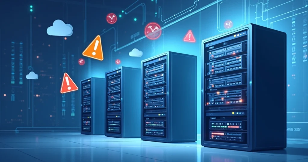 Corporate flat illustration of server room with invisible glitches and warning signs