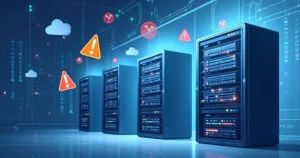 Corporate flat illustration of server room with invisible glitches and warning signs