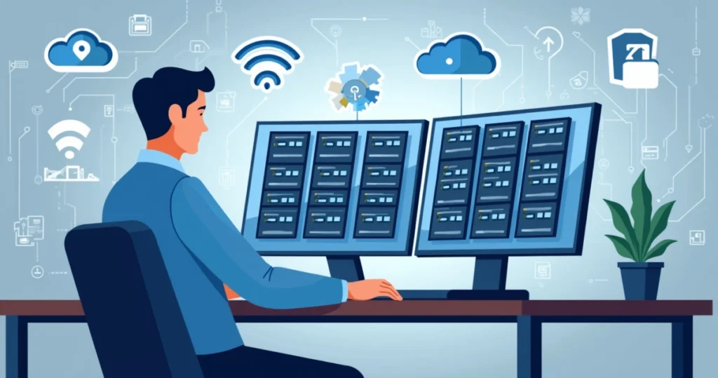 Illustration of a business professional analyzing dedicated servers with network and cloud infrastructure icons