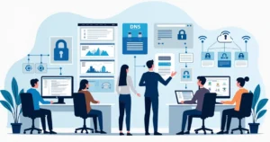 Flat illustration of a corporate network with DNS servers being configured and secured on computer screens