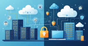 Corporate flat illustration of secure hybrid IT environment with wireless networks, cloud servers, firewalls and connected devices