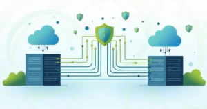 Corporate flat illustration of network redundancy with dual internet links connecting servers and office buildings