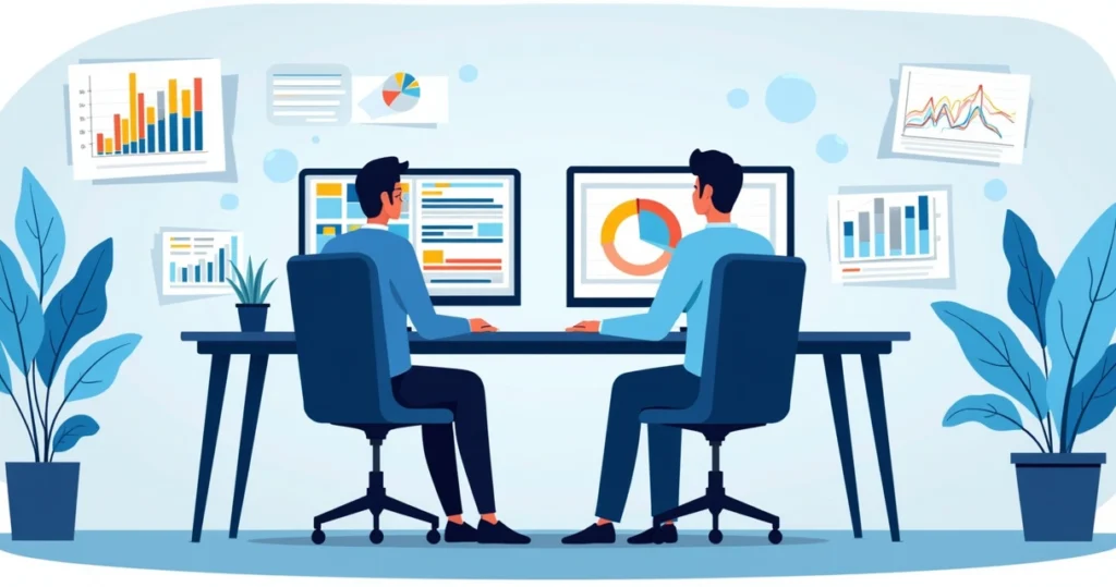 Corporate flat illustration of IT managers analyzing performance reports on computer screens with charts and graphs, modern office background with digital data elements