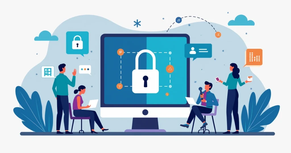 Flat illustration of a split screen comparing multifactor authentication and single sign-on with digital lock icons, laptops, cloud elements, and business people