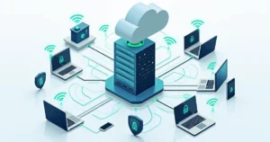 Corporate flat illustration of network access control with secured wireless connections, servers and user devices
