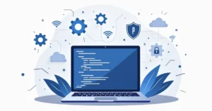 Illustration of a laptop screen showing PowerShell scripts with gears and network icons around