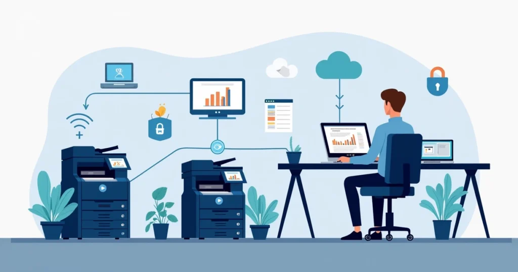 Illustration of a corporate setting with multiple printers connected to network devices and a technician managing print queues on a laptop