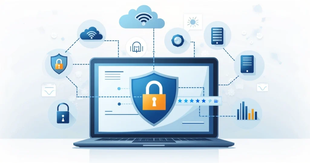 Flat corporate illustration of a laptop with a shield containing a lock and password dots on screen surrounded by network symbols and security icons