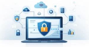 Flat corporate illustration of a laptop with a shield containing a lock and password dots on screen surrounded by network symbols and security icons