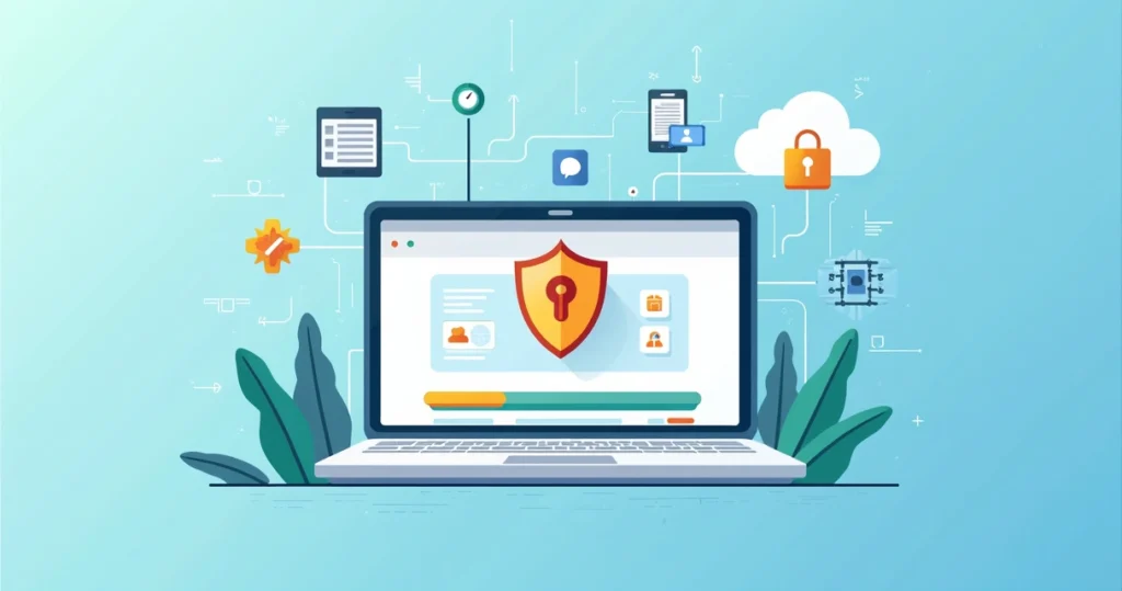 Illustration of a laptop with security shield and update progress bar surrounded by digital network icons and cloud symbols