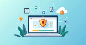 Illustration of a laptop with security shield and update progress bar surrounded by digital network icons and cloud symbols
