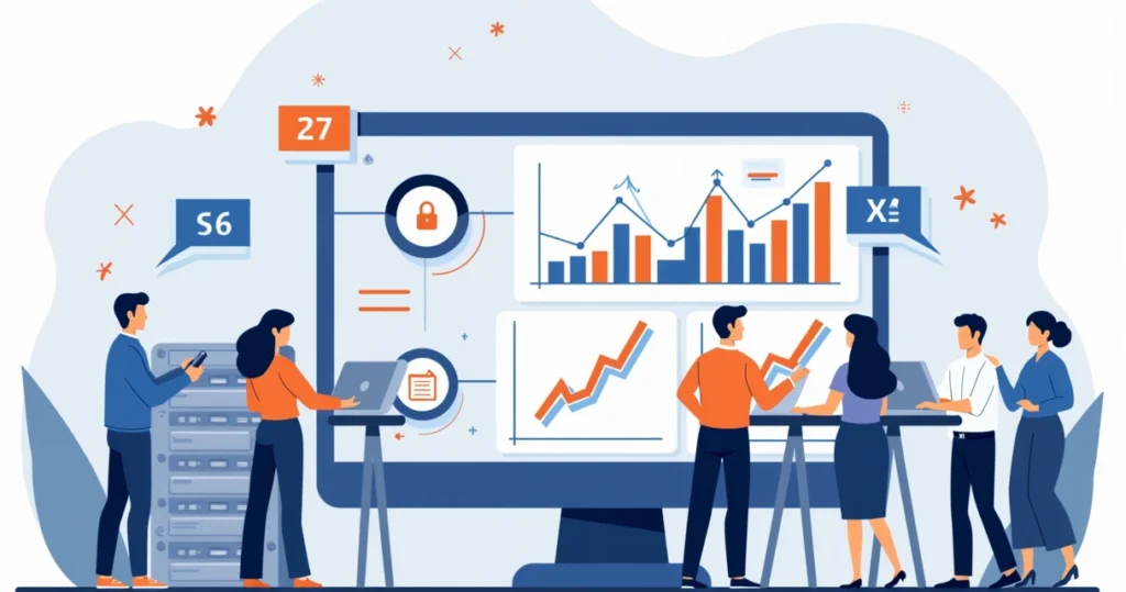 Team managing software licenses on multiple digital devices with charts and network icons