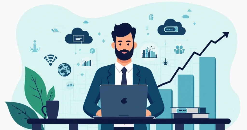 Flat illustration of a business professional calculating IT project ROI on a laptop surrounded by charts and data