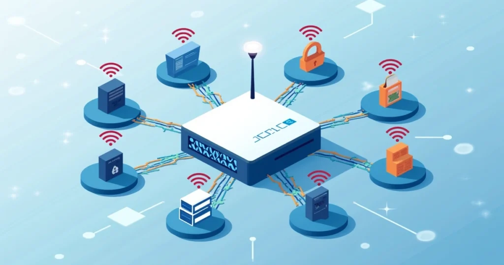 Corporate flat illustration showing wireless network segmentation by SSID with multiple connected devices under distinct SSID groups and secure network icons