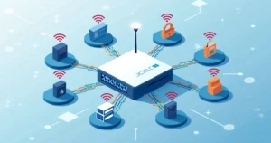 Corporate flat illustration showing wireless network segmentation by SSID with multiple connected devices under distinct SSID groups and secure network icons