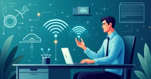 Illustration of a technician troubleshooting a wireless corporate network with laptop and wireless signals